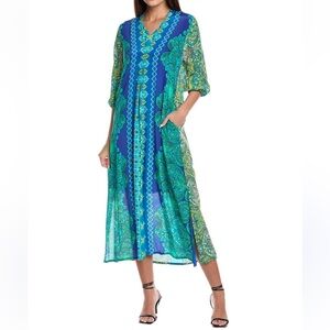 Johnny Was XS Kahinu Silk Maxi Slip Dress 3/4 Sleeve V-Neck Diomedes Blue/Green